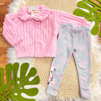 Conj. Jaqueta de Pelinho e Calça Legging Ursinhas - Rosa e Cinza